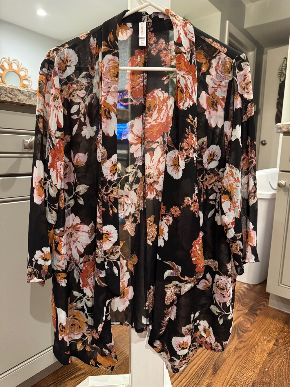 Sheer Black Floral Open-Front Kimono Jacket size M